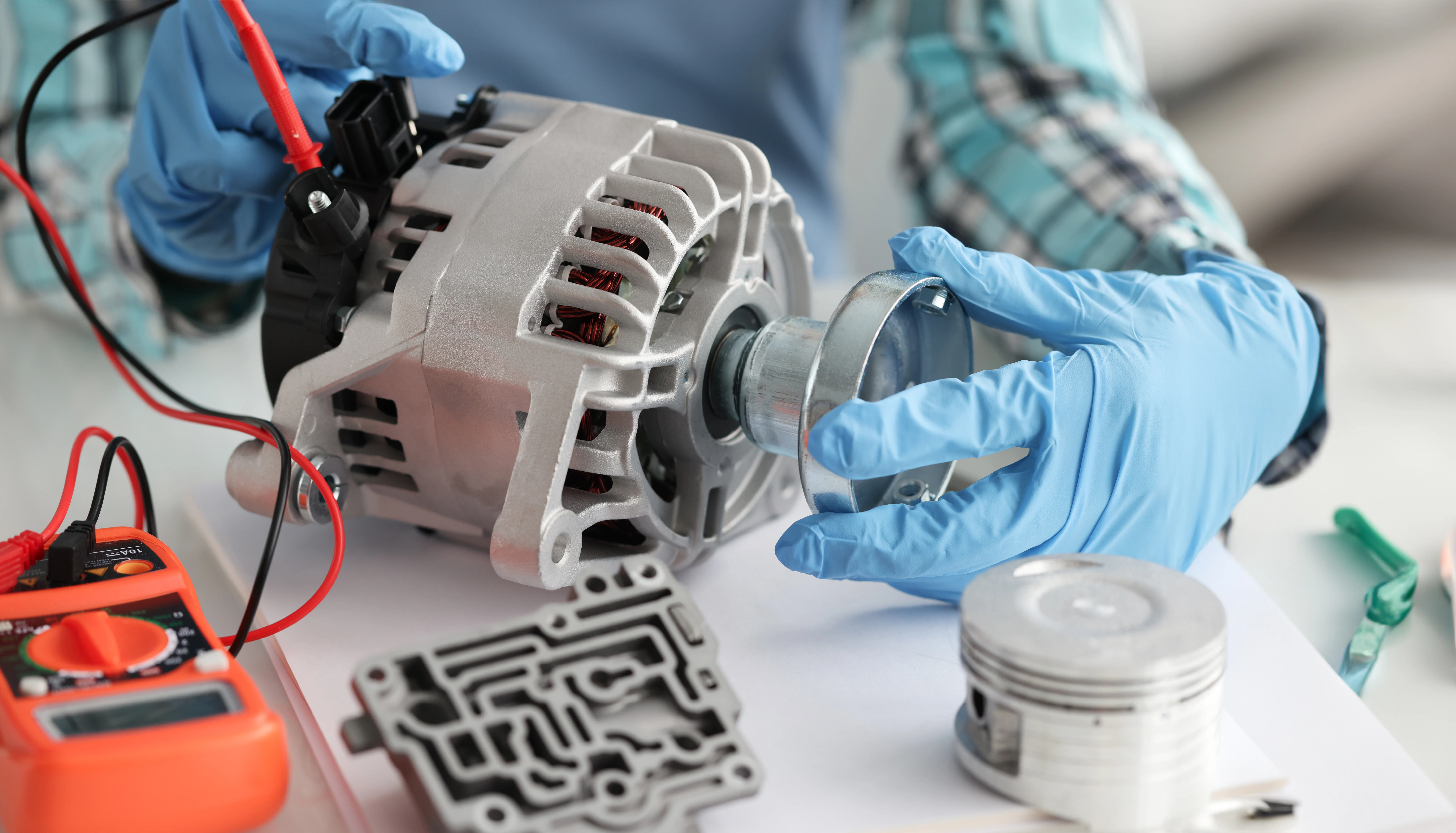 hands-blue-gloves-check-gearbox-car